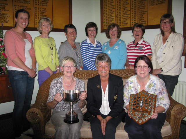 Front Row left to right : E Fitzsimons (Fox Cup) H Johnston (lady Captain) and L Brown (Culmore Shield). Back Row left to right: C Oliver M Brady G Magown S Donnelly E Grimes V Ellingham and G Steed. 